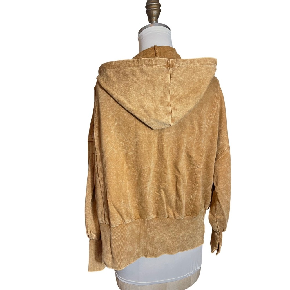 Zenana Acid Wash Zip Up Hoodie Mustard Tan Raw Edge Oversized L/XL TJW-5221A - Picture 2 of 9